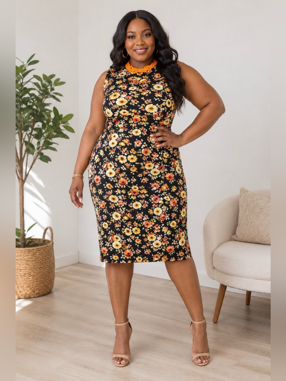 Plus Size 2X Black Floral Midi Dress Sleeveless Fall Cottagecore